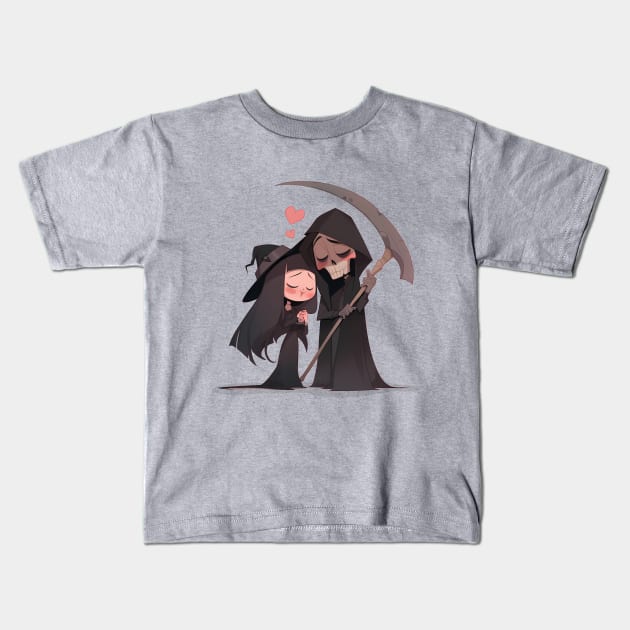 Grim Reaper and Wicked Witch Falling In Love. Spooky Romance. Kids T-Shirt by Lunatic Bear